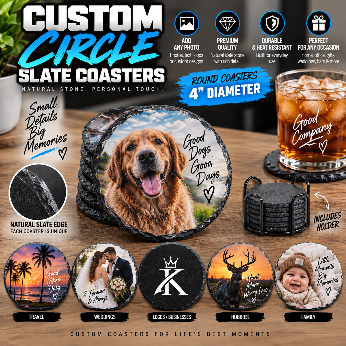 Custom Circle Slate Coasters 4" – Personalized Natural Stone Coasters for Home, Gifts & Weddings