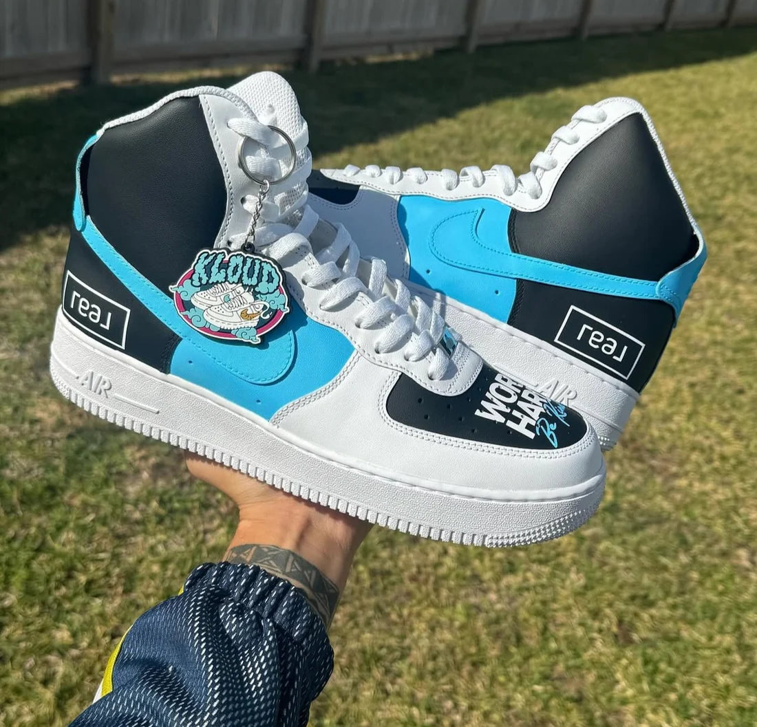 Custom "Work Hard Be Real" High-Top Sneakers – White, Black & Sky Blue Hand-Painted Kicks