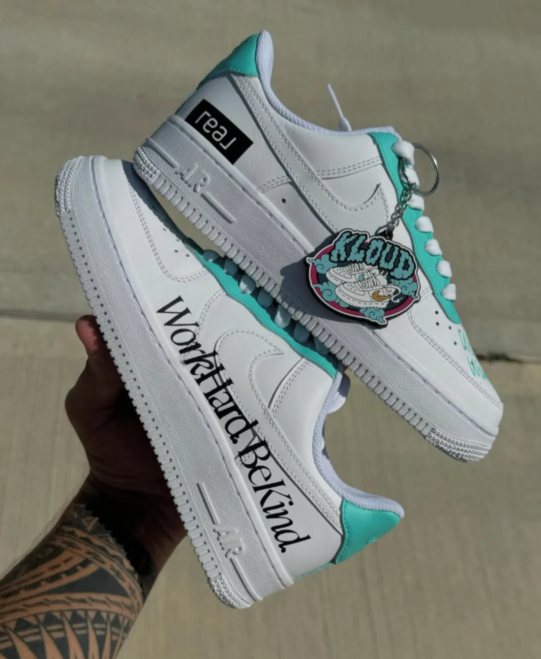 Custom "Work Hard Be Kind" Sneakers – White & Mint Teal Hand-Painted Low-Tops