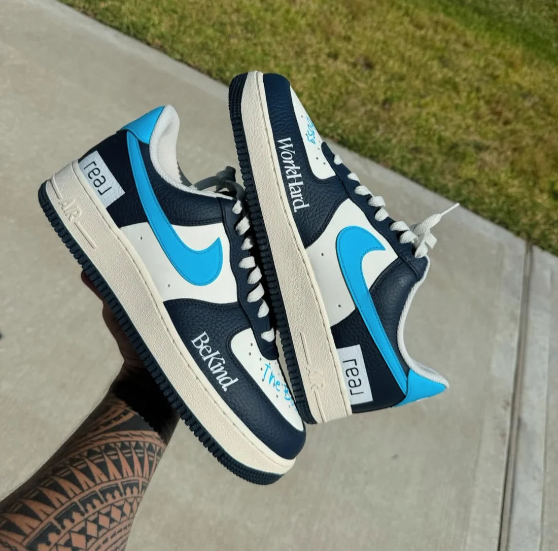 Custom "Work Hard Be Kind" Sneakers – Navy Blue & Sky Blue Hand-Painted Low-Tops