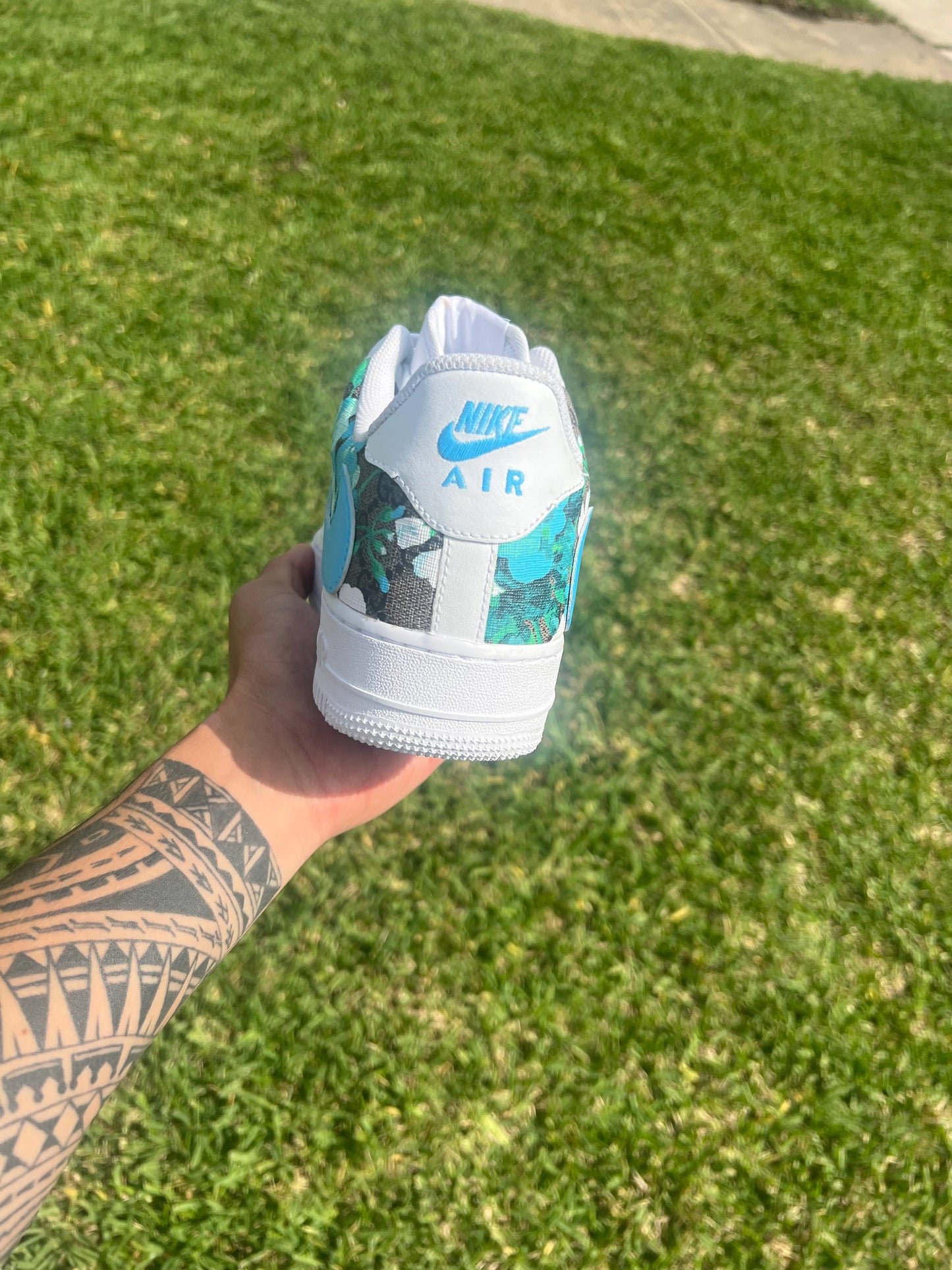 Custom White & Teal Floral Low-Top Sneakers