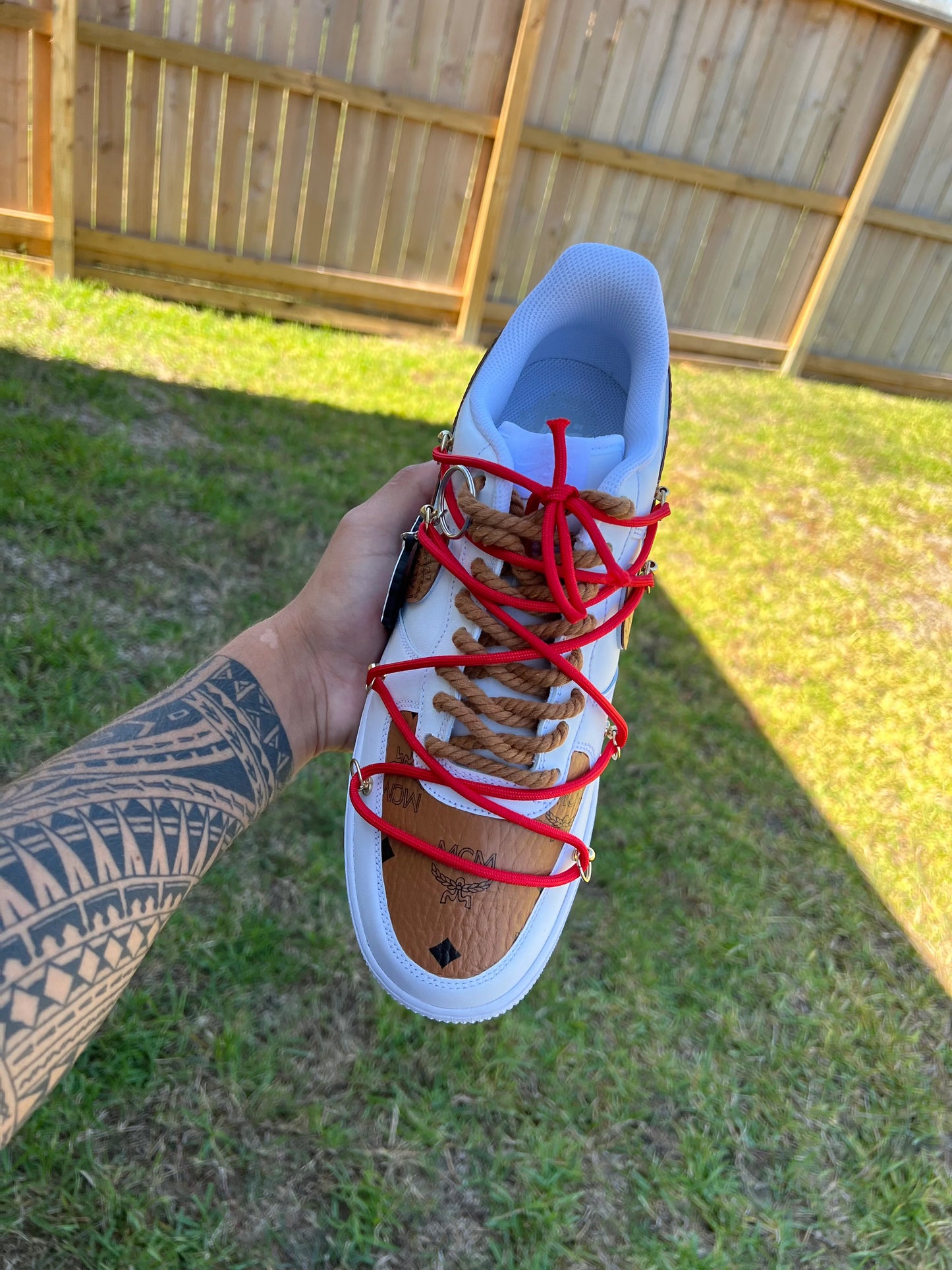 Custom White & Tan Pattern Low-Top Sneakers with Red and Rope Laces