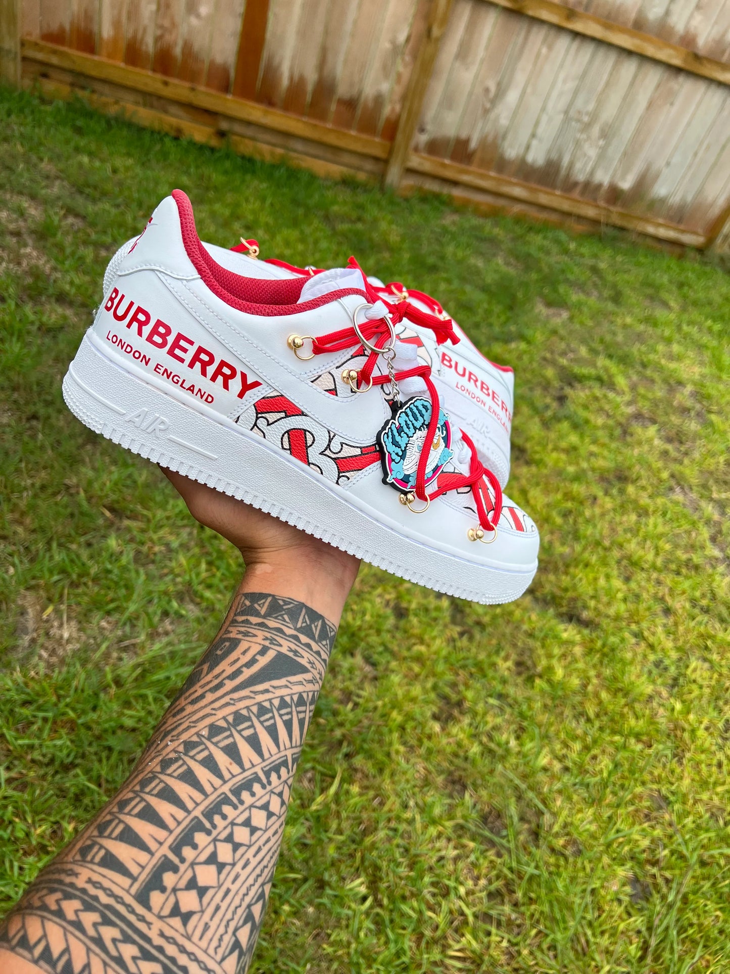 Custom White & Red Monogram Pattern Low-Top Sneakers