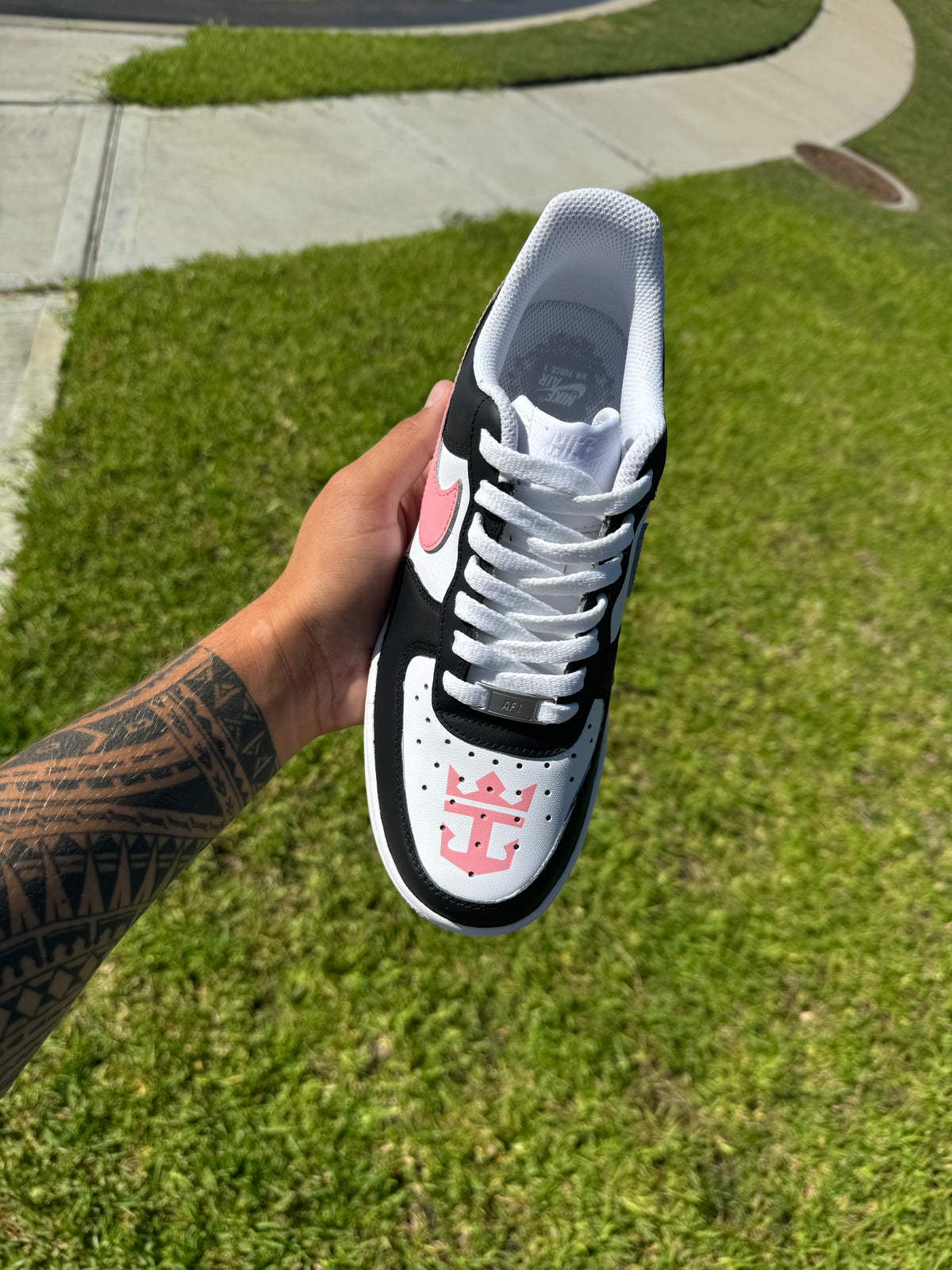 Custom Miami Nautical Pride Court Sneakers – Hand-Painted Black, Coral Pink & White Low-Tops with "MIAMI" Collar Script, Pink Crowned Anchor Toe Box Logo & Pink Swoosh