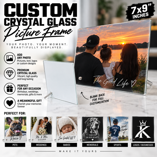 Custom Crystal Glass Picture Frame 7x9 – Personalized Photo Gift for Weddings, Pets, Memorials & More