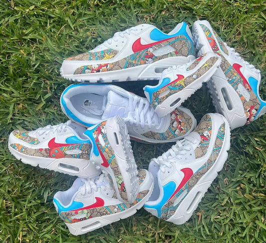 Custom Cartoon & Monogram Canvas Sneakers – Luxury Canvas Fabric with Sky Blue & Red Accents