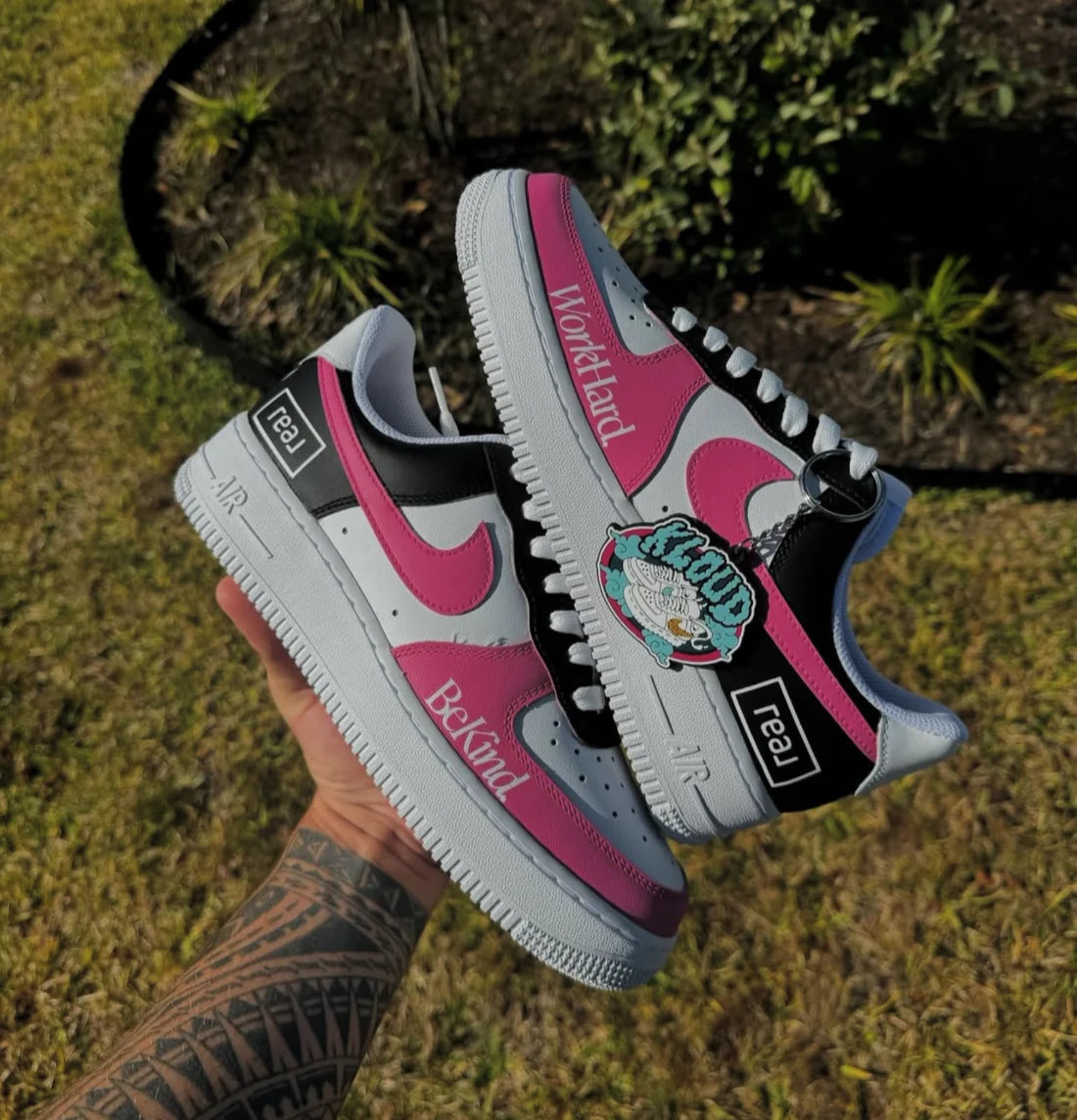 Custom "Work Hard Be Kind" Sneakers – Hot Pink, Black & White Hand-Painted Low-Tops