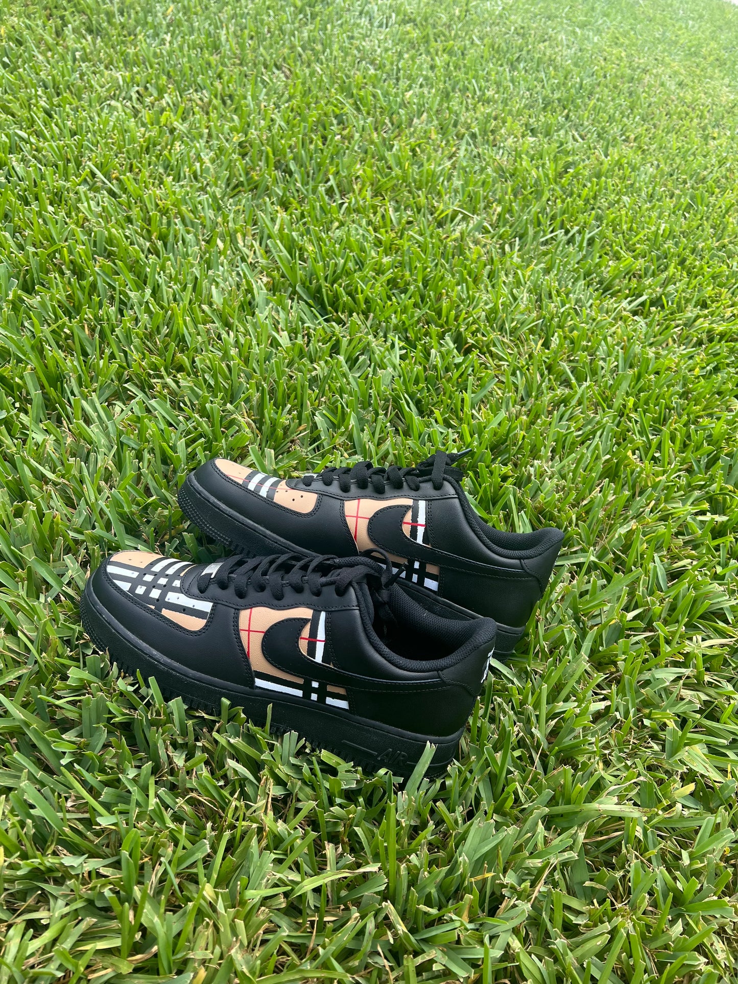 Custom Black & Beige Plaid Low-Top Sneakers – Hand-Painted Design