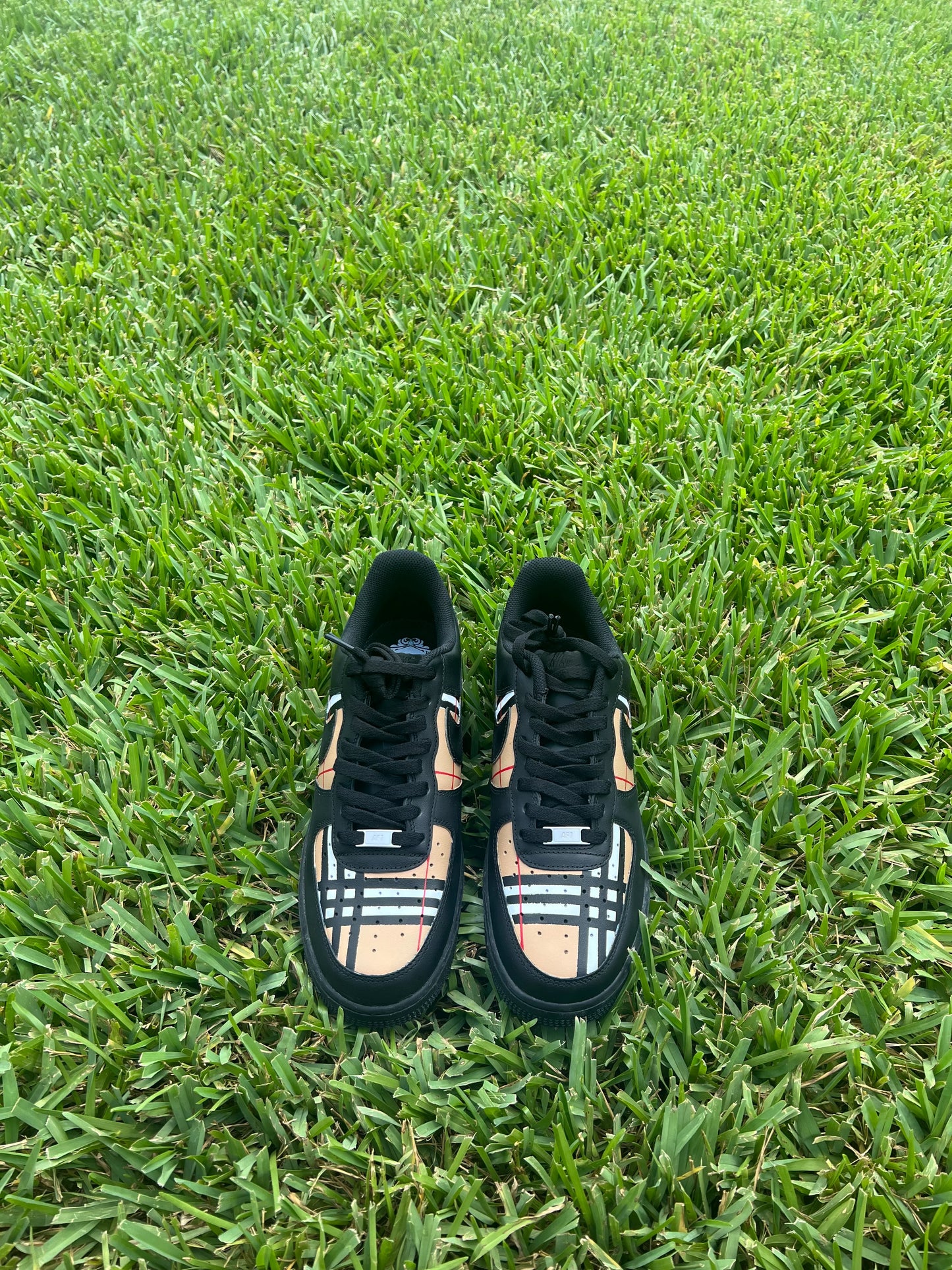 Custom Black & Beige Plaid Low-Top Sneakers – Hand-Painted Design