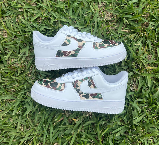 Custom White Low-Top Sneakers with Green & Brown Camo Panels