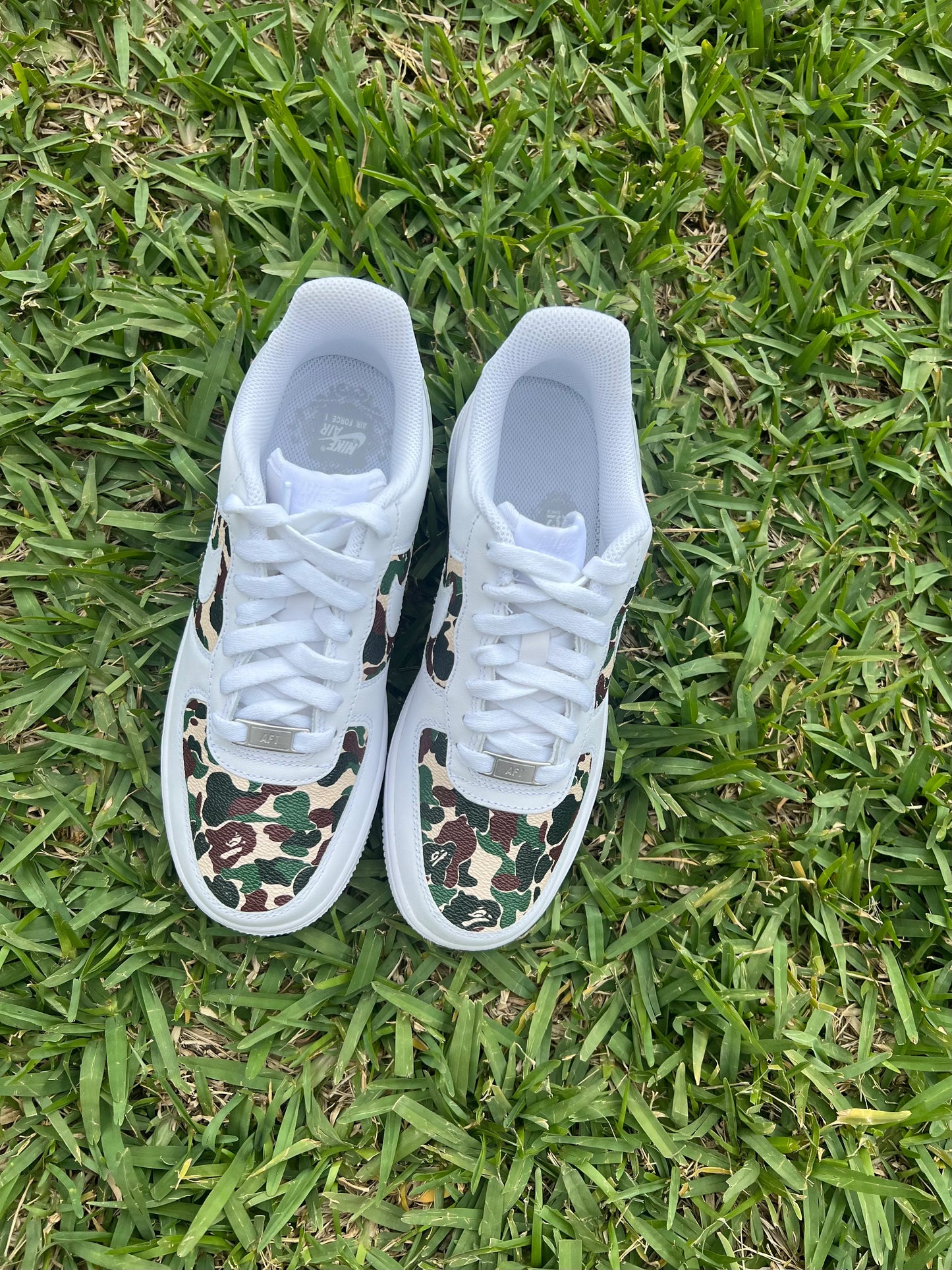 Custom White Low-Top Sneakers with Green & Brown Camo Panels