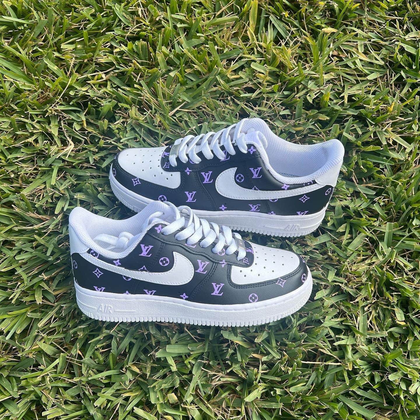 Custom Black, White & Lilac Low-Top Sneakers – Hand-Painted Pattern Design