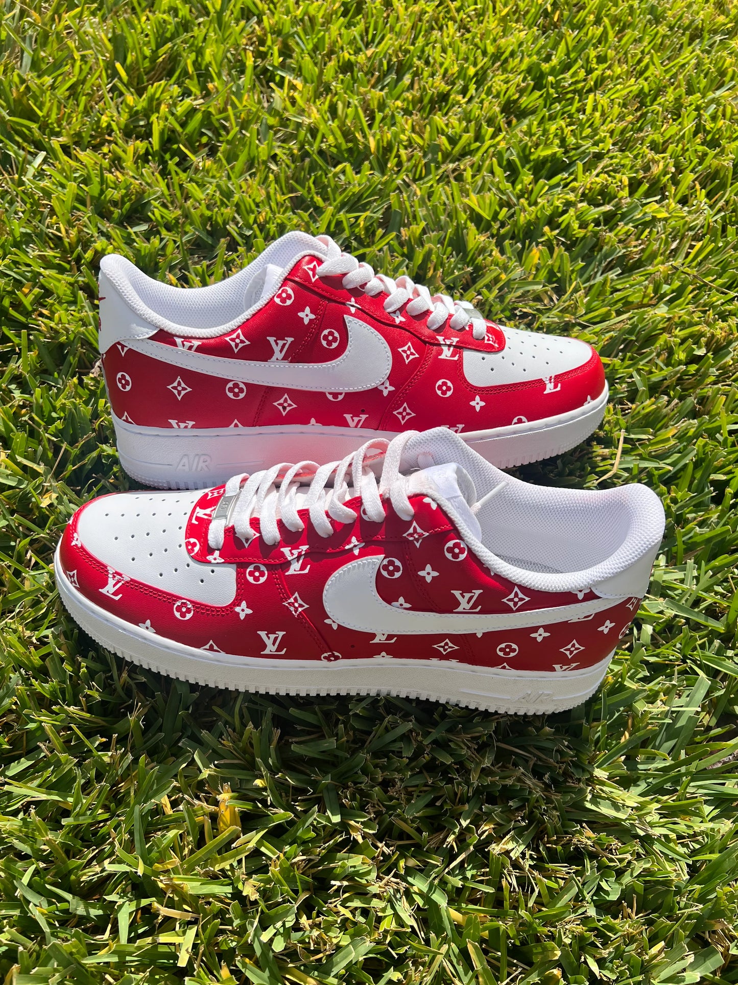 Custom Red & White Pattern Low-Top Sneakers – Hand-Painted Luxury-Inspired Design