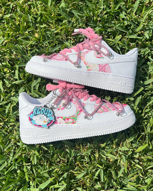 Custom White & Pink Floral Low-Top Sneakers – Hand-Painted Artistic Design
