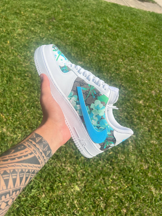 Custom White & Teal Floral Low-Top Sneakers