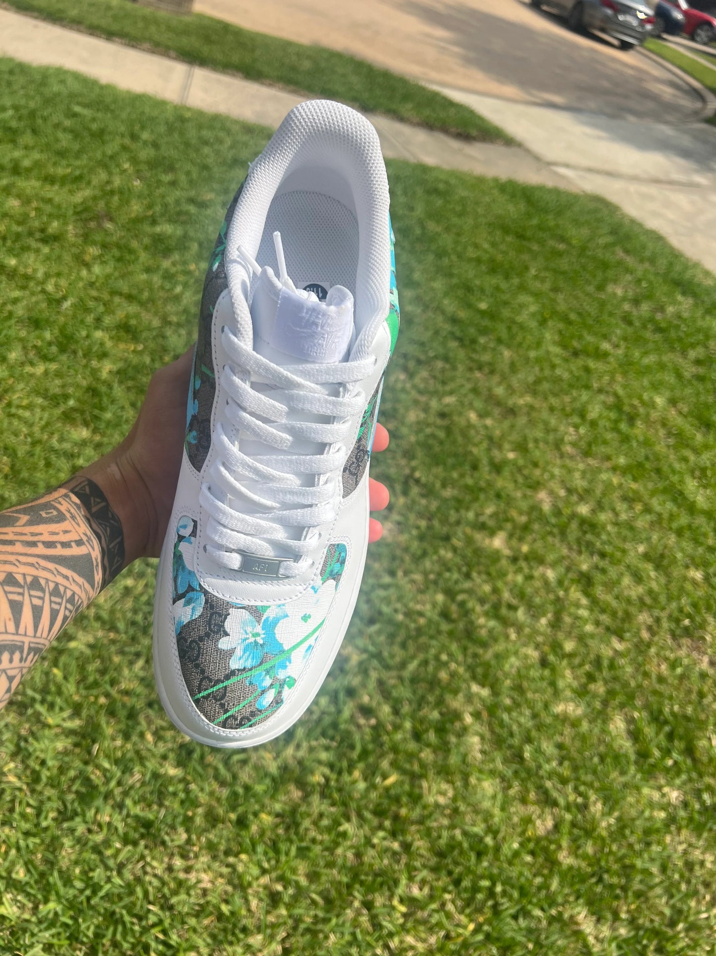 Custom White & Teal Floral Low-Top Sneakers