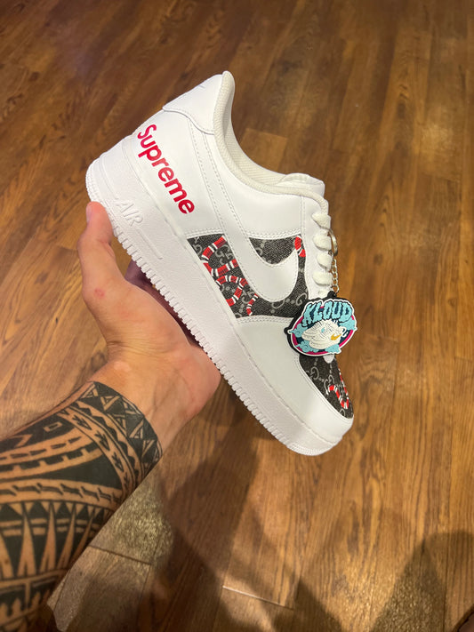 Custom White & Black Pattern Low-Top Sneakers with Red Snake Detail