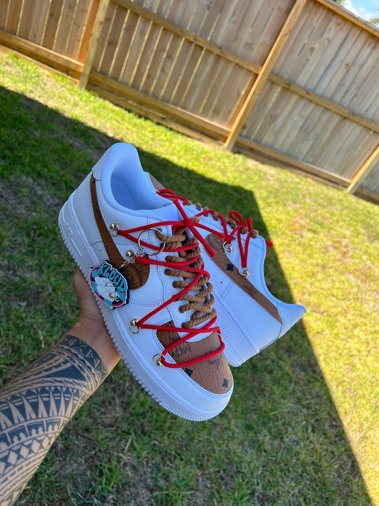 Custom White & Tan Pattern Low-Top Sneakers with Red and Rope Laces