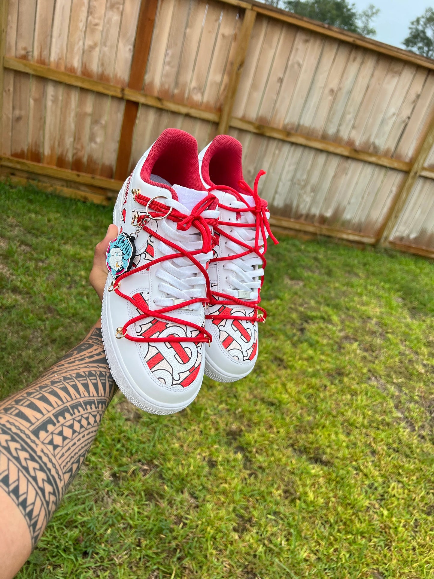 Custom White & Red Monogram Pattern Low-Top Sneakers
