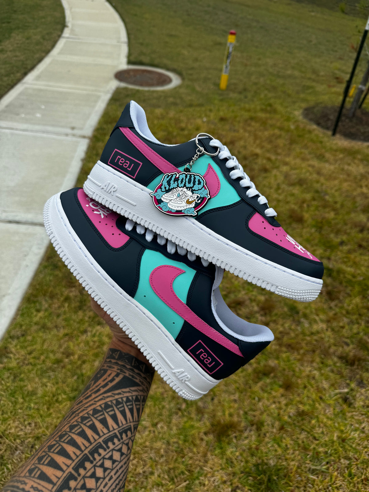 Custom "Work Hard. Be Kind." South Beach Sneakers – Hand-Painted Black, Hot Pink & Teal Low-Tops with Double Swoosh Effect & Toe Box Message