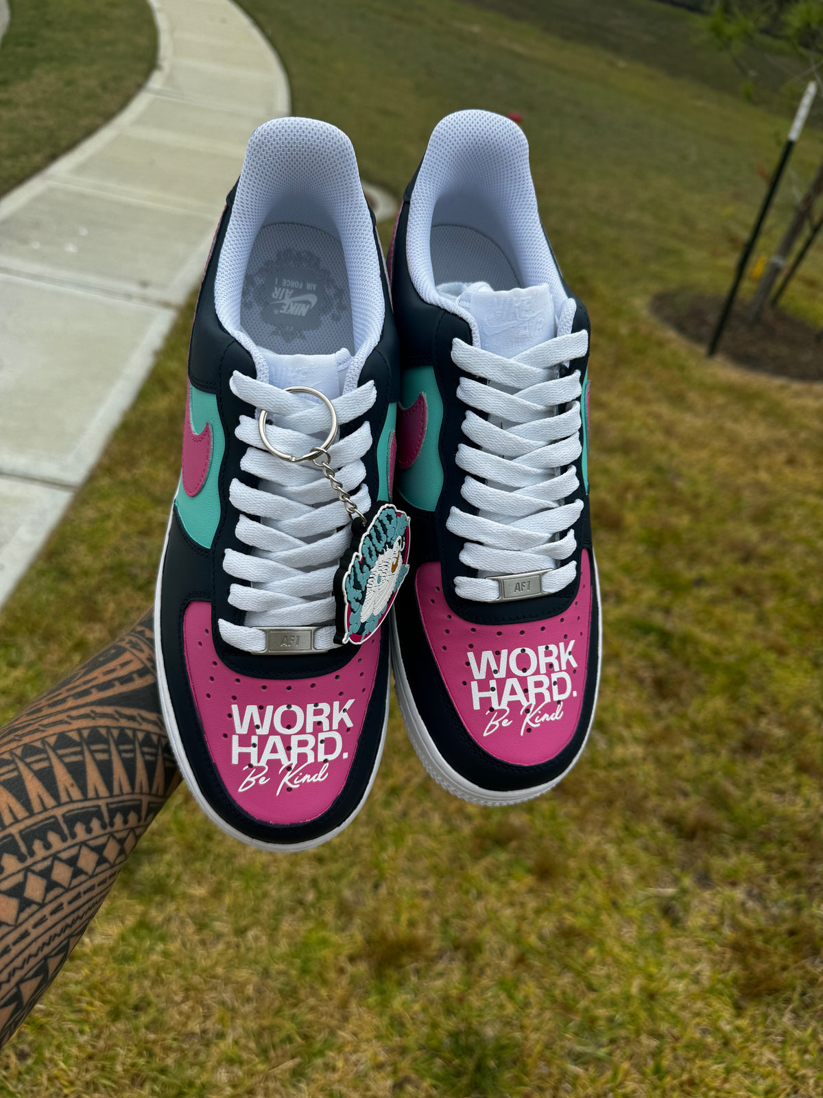 Custom "Work Hard. Be Kind." South Beach Sneakers – Hand-Painted Black, Hot Pink & Teal Low-Tops with Double Swoosh Effect & Toe Box Message