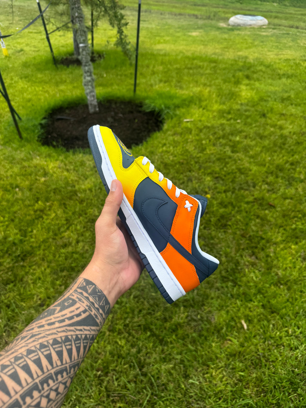 Custom "Space City" Houston Sneakers – Hand-Painted Navy, Orange & Yellow Gradient Dunk-Style Low-Tops with Texas State Logo Toe Box & Midsole Script