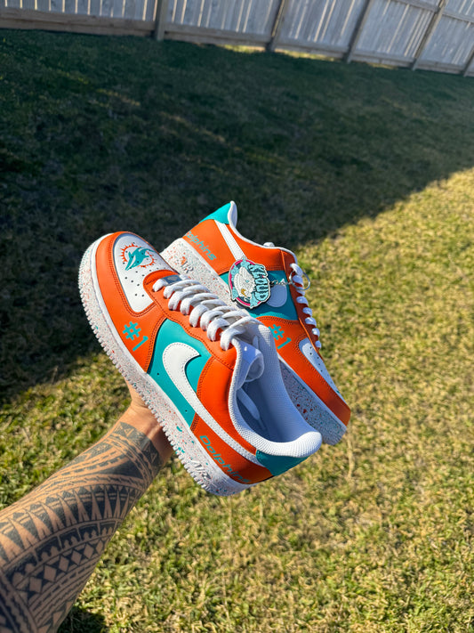 Custom Miami Football City Pride Sneakers – Hand-Painted Coral Orange & Teal Low-Tops with Dolphin City Logo, #1 Panel Detail & Teal Swoosh