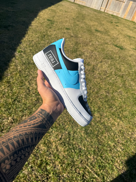 Custom "Work Hard. Be Kind." Sky Blue, Black & White Sneakers – Hand-Painted Low-Tops with Blue Swoosh, Black Panel Message & "real" Box Logo