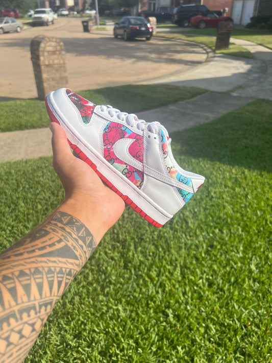 Custom Italian Luxury House Monogram Dunk Sneakers – Hand-Painted Hot Pink & Teal Double-G Print Low-Tops with Tonal Swoosh & Bold Red Outsole