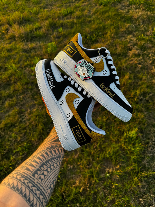 Custom "Work Hard. Be Kind." Black, White & Gold Glitter Swoosh Sneakers – Hand-Painted Low-Tops with Serif Panel Script, Gold Glitter Collar & "real" Box Logo