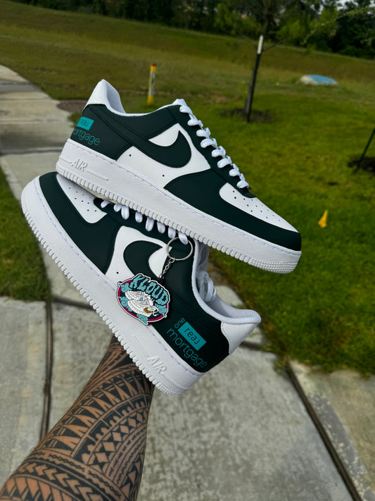 Custom Business Branded Sneakers – Hand-Painted Deep Forest Green & White Low-Tops with Teal Brand Text, Tonal Oversized Swoosh & Clean White Panels