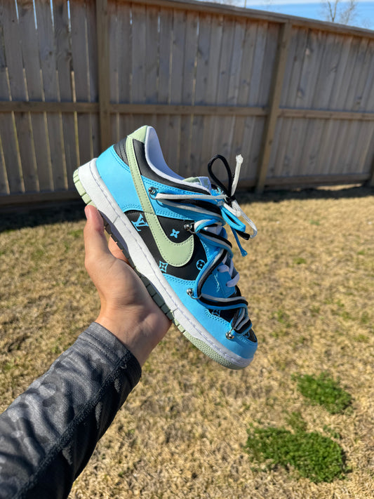 Custom Deconstructed French Luxury Monogram Dunk Sneakers – Hand-Painted Electric Blue, Black & Mint Low-Tops with Teal Fleur Monogram Panel & Wrapped Multi-Lace Art