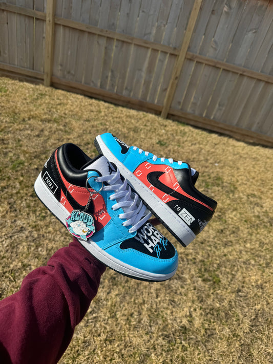 Custom "Work Hard. Be Kind." Retro Low-Top Basketball Sneakers – Hand-Painted Electric Blue, Red & Black with Toe Box Script, reZEN Heel Detail & "real" Box Logo