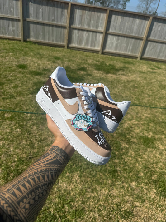 Custom Business Branded Sneakers – Hand-Painted Tan, Chocolate Brown & White Low-Tops with Company Name Toe Box Script, Tan Swoosh & Midsole Text