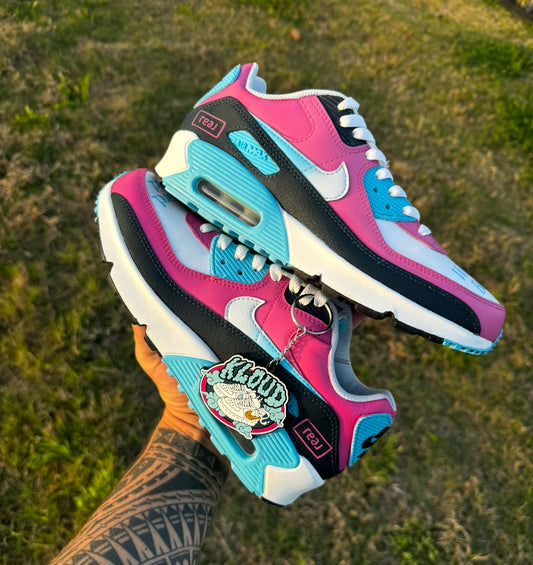 Custom "WorkHard. BeKind." Miami Vice Retro Runner Sneakers – Hand-Painted Hot Pink, Sky Blue & White Chunky Low-Tops with Teal Script Toe Box, Air Cushion & "real" Box Logo