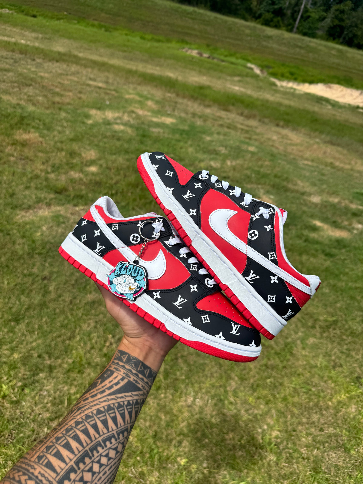 Custom French Luxury House Monogram Dunk Sneakers – Hand-Painted Red, Black & White Low-Tops with Full LV-Inspired Monogram Panels, White Swoosh & Red Outsole