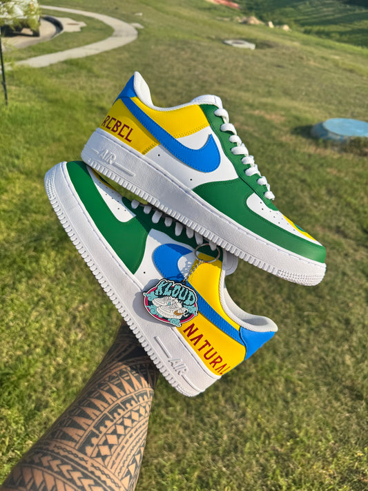 Custom Brazil Flag-Inspired "Rebel Natural" Court Sneakers – Hand-Painted Green, Yellow & Blue Low-Tops with Concentric Circle Toe Box Design, Blue Swoosh & Stripe Script