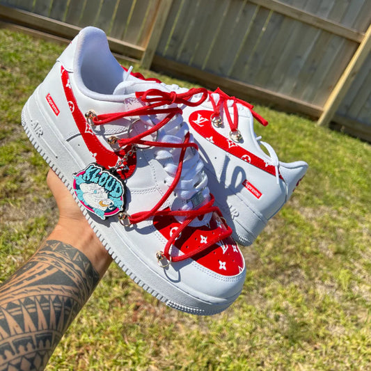 Custom French Luxury House Monogram Ribbon Court Sneakers – Hand-Painted All-White Low-Tops with Red Monogram Ribbon Strips, Streetwear Box Logo Accents, Red Rope Laces & Silver Charms