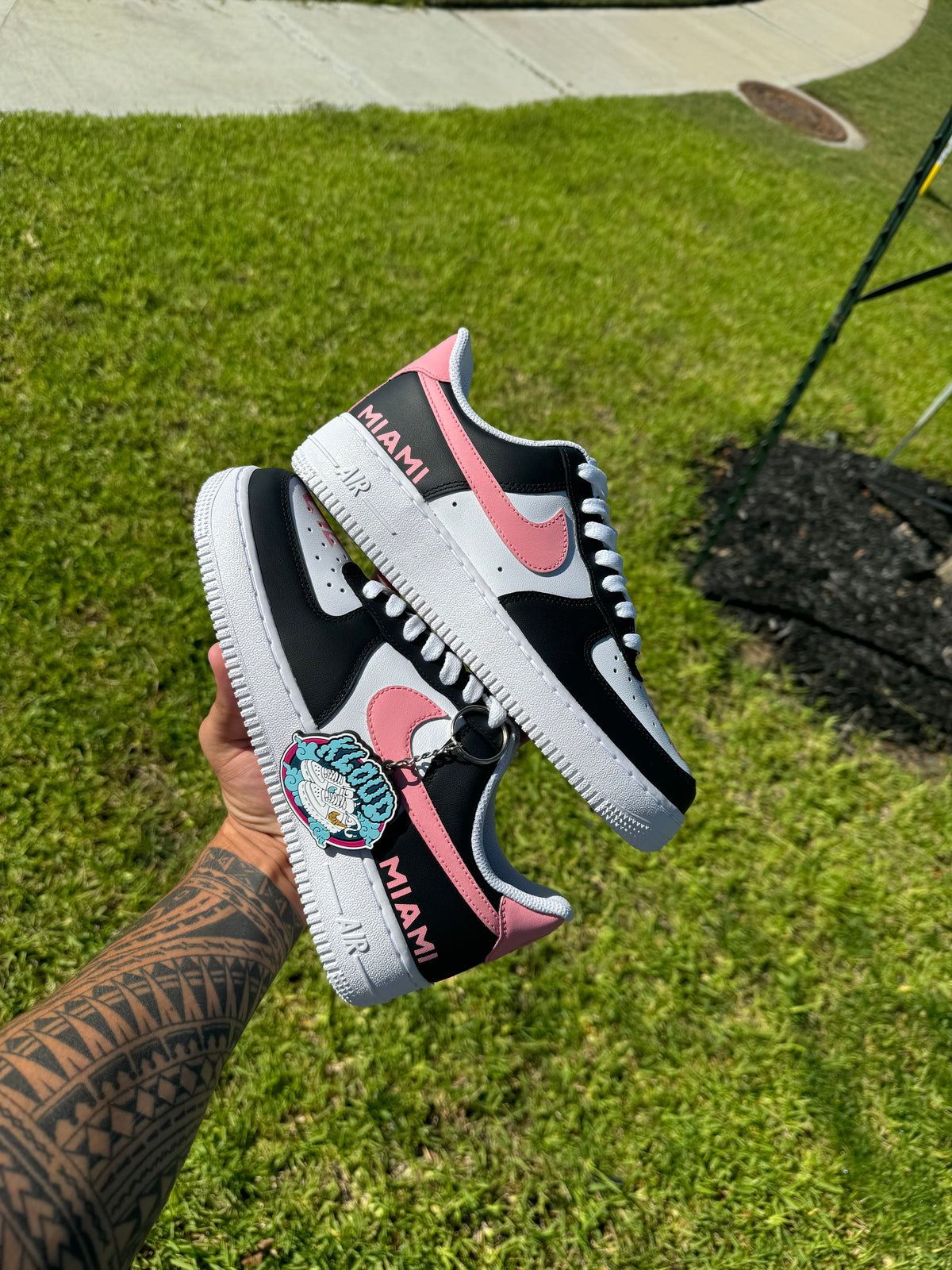 Custom Miami Nautical Pride Court Sneakers – Hand-Painted Black, Coral Pink & White Low-Tops with "MIAMI" Collar Script, Pink Crowned Anchor Toe Box Logo & Pink Swoosh